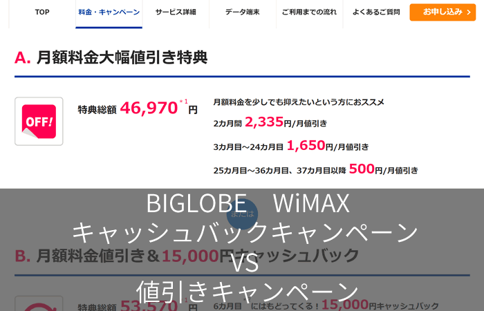 BIGLOBE WiMAXキャッシュバックキャンペーン VS 値引きキャンペーン